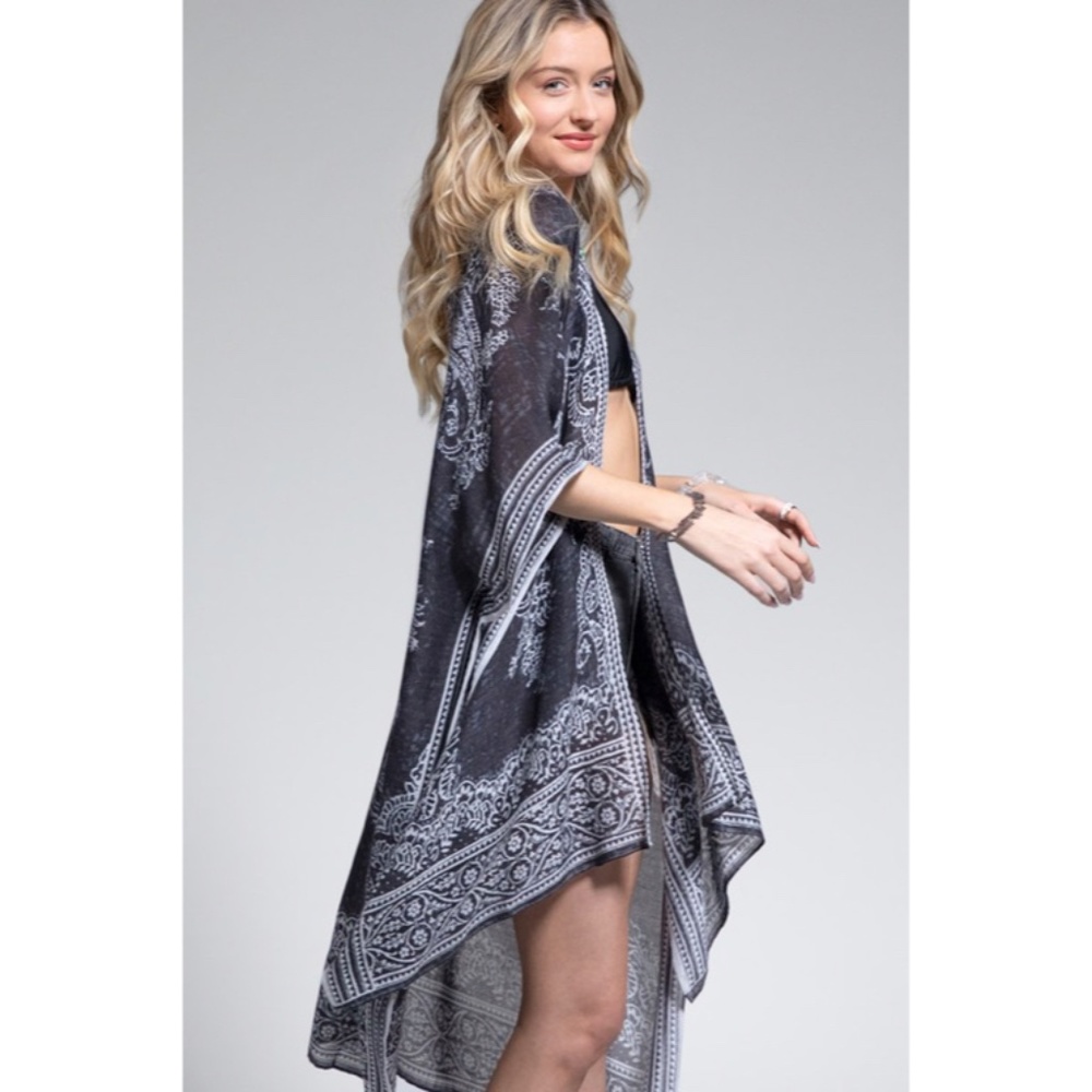 SOLD OUT Earl Gray Bohemian Damask Paisley Printed Open Kimono Coverup Wrap - Picture 3 of 4